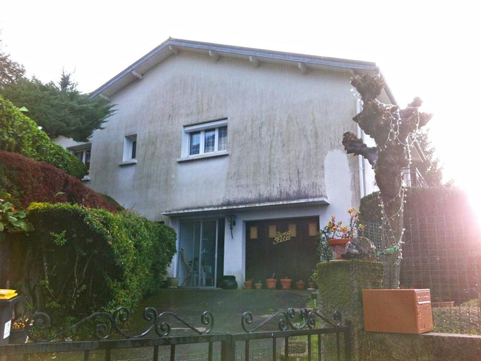 Maison avec façade ravalée, plantes, clôture.