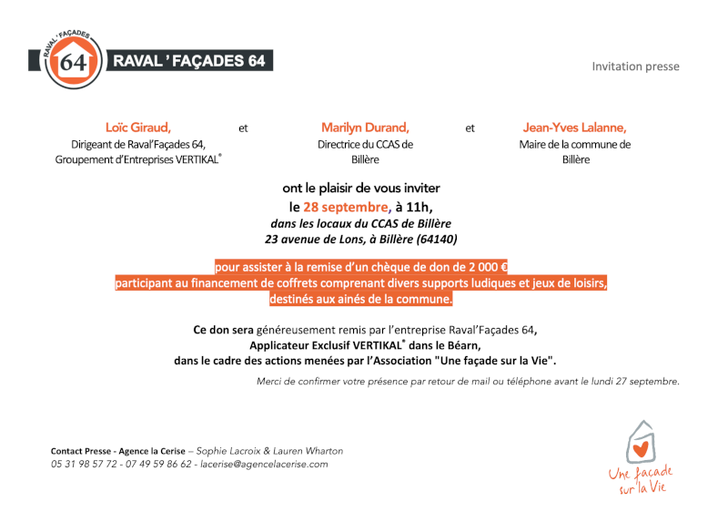 Invitation Raval Façades 64 pour don de 2000 € le 28 septembre.