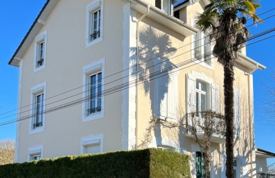 Maison jaune avec clôture verte et palmiers.